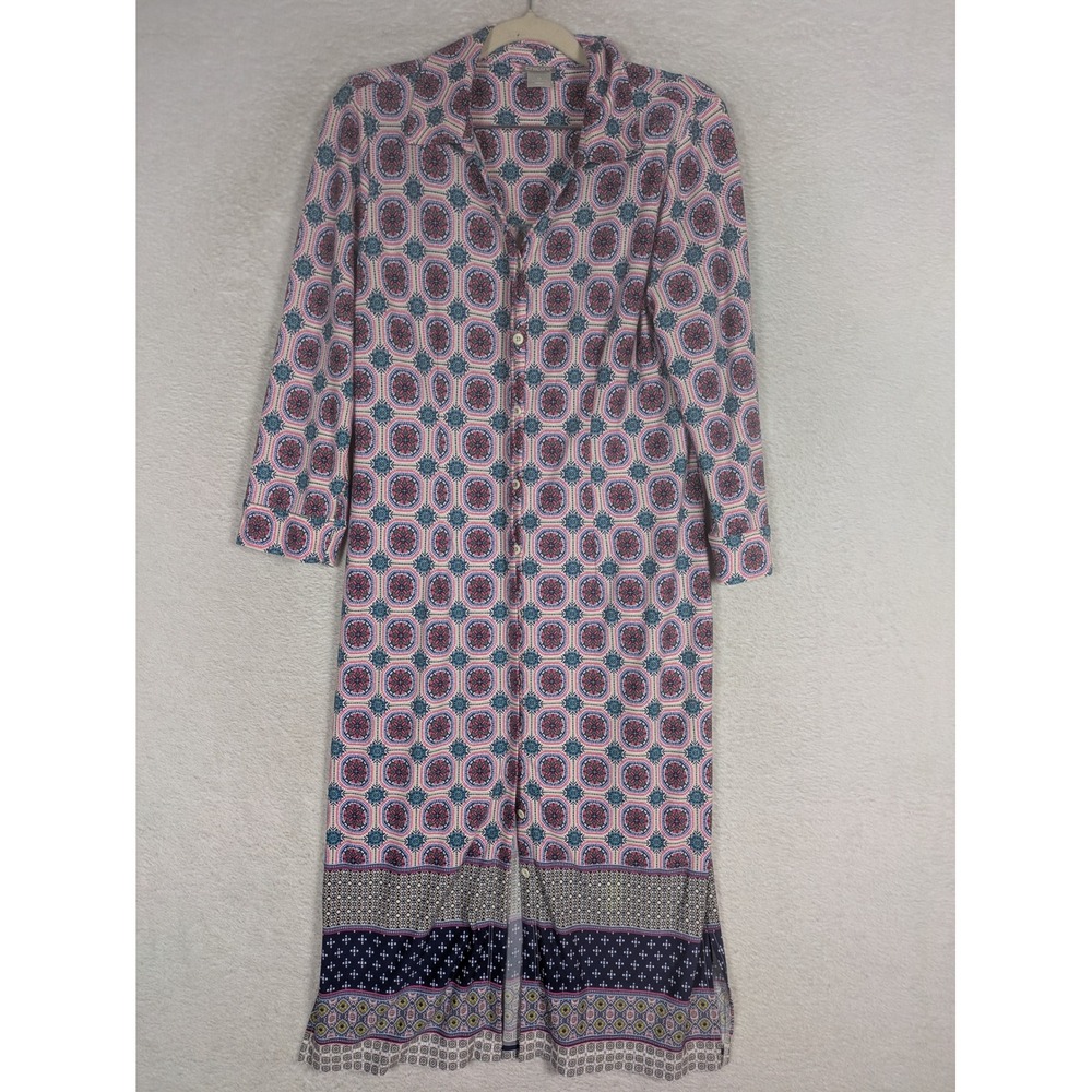 Chico's Duster Women's 0 Pink Blue Geometric Medallion Button Down Long Sleeve